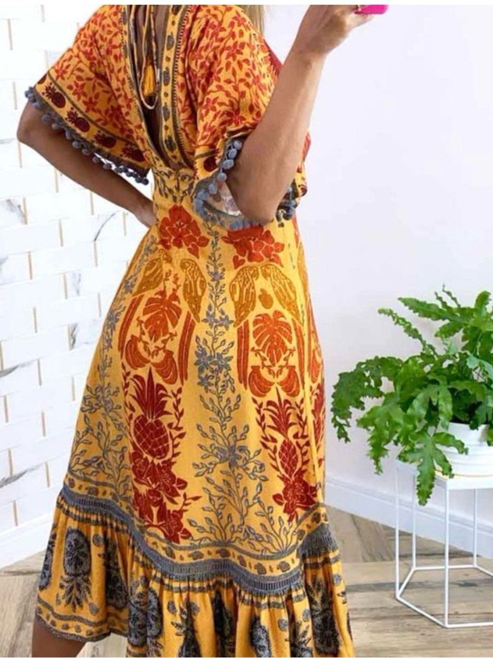 Farm rio sz m Boho Floral Print Midi Dress in Mustard gold details - Picture 3 of 13